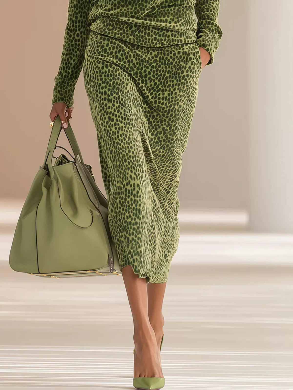 Moss leopard-print velour midi skirt for lounge set, side drape with elastic waist