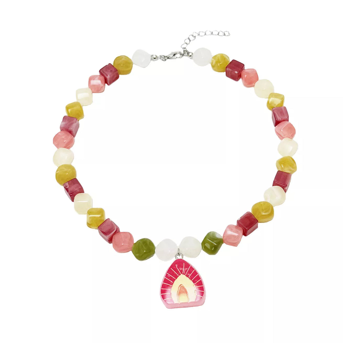 Flat-lay beaded necklace with multicolor cubes and a red arched resin pendant