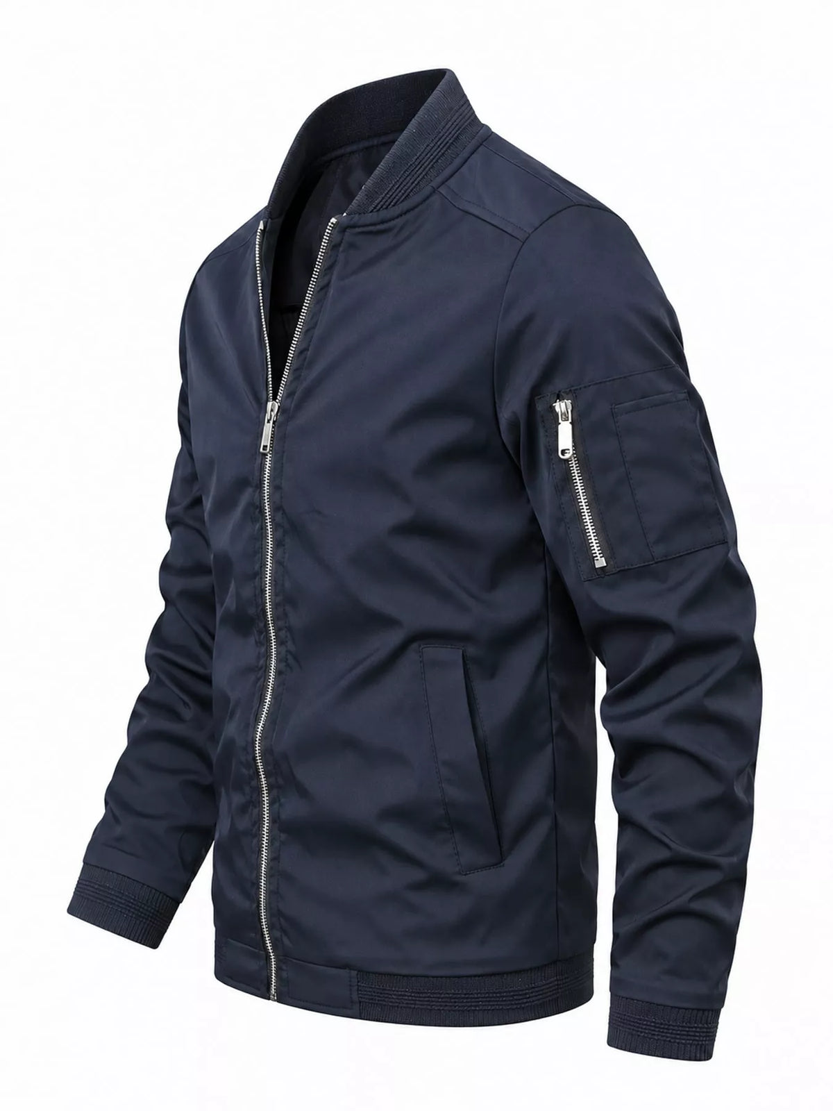 Lightweight men’s bomber jacket in dark navy, angled side view with zip chest pocket