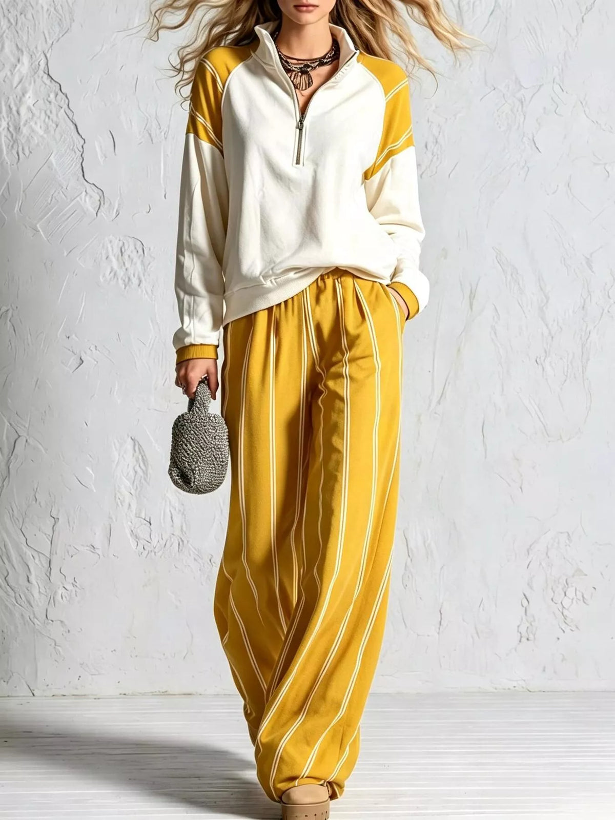 Yellow striped lounge set with quarter-zip pullover and wide-leg pants