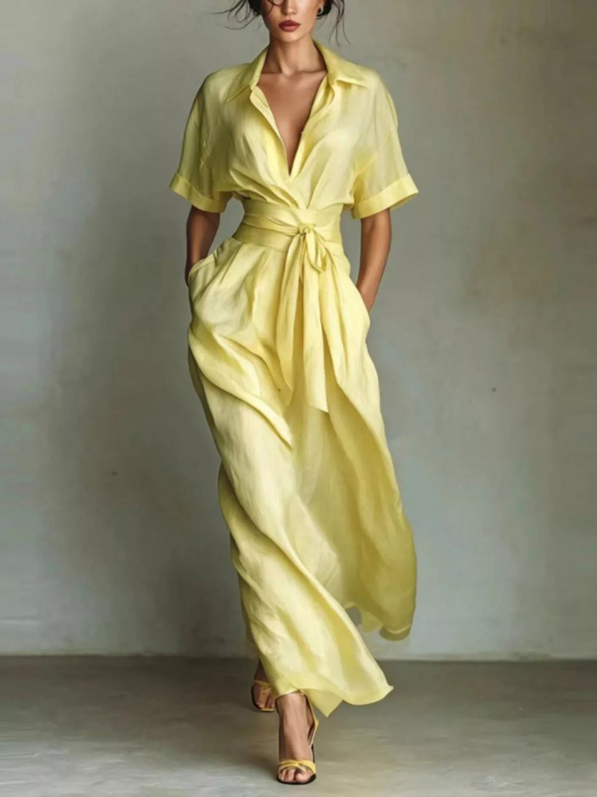 Pastel yellow collared belted maxi shirt dress with short sleeves and waist tie