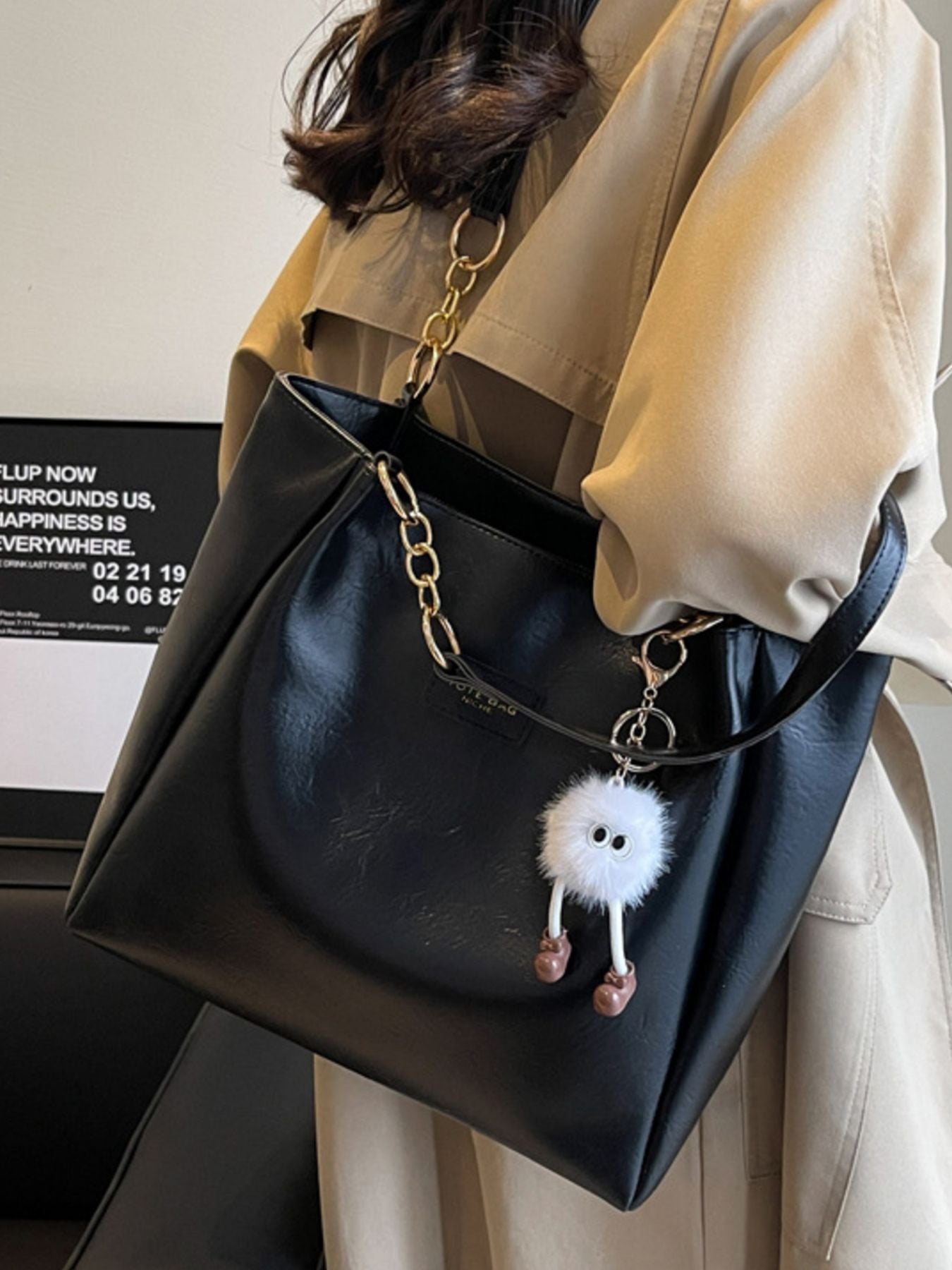 Chain Decor Leather Shoulder Bag by Trendsi - black PU leather handbag with gold chain strap and fluffy pom-pom charm