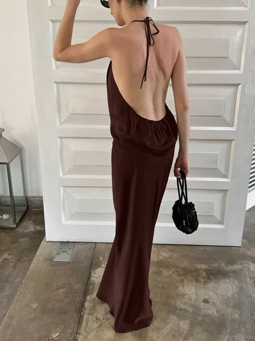 Dark brown back view of halter maxi dress with crisscross tie straps