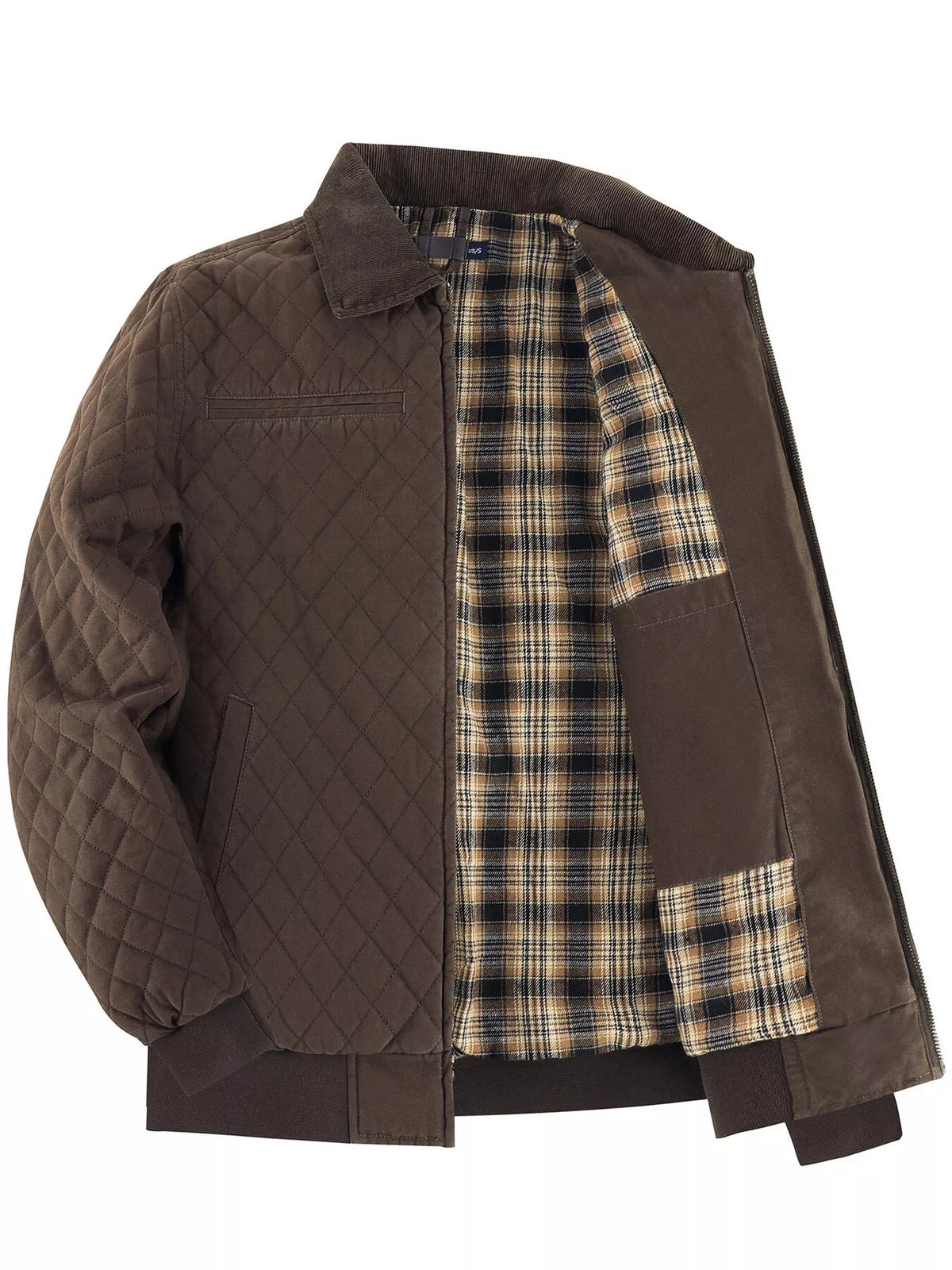 Brown quilted zip collar jacket with yellow-blue plaid lining and side pocket panel