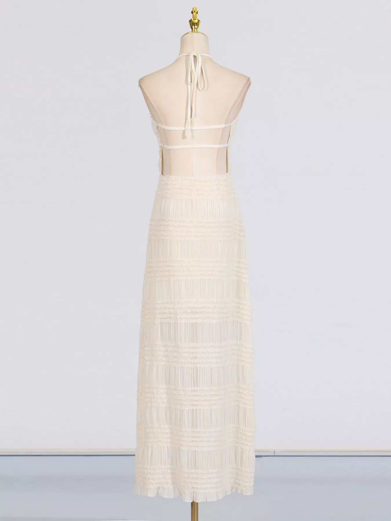 Cedar & Moore Ruched Halter Neck Maxi Dress by Trendsi in ivory with back tie and smocked waist