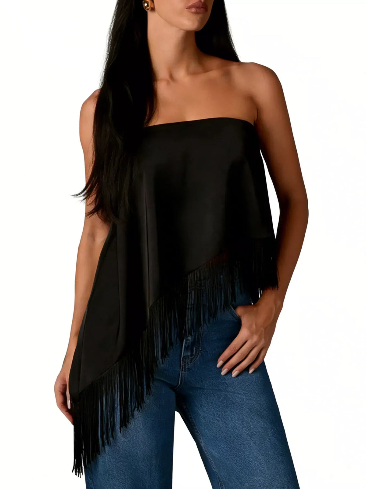 Black strapless asymmetric fringe tube top with layered drape and side tassels.