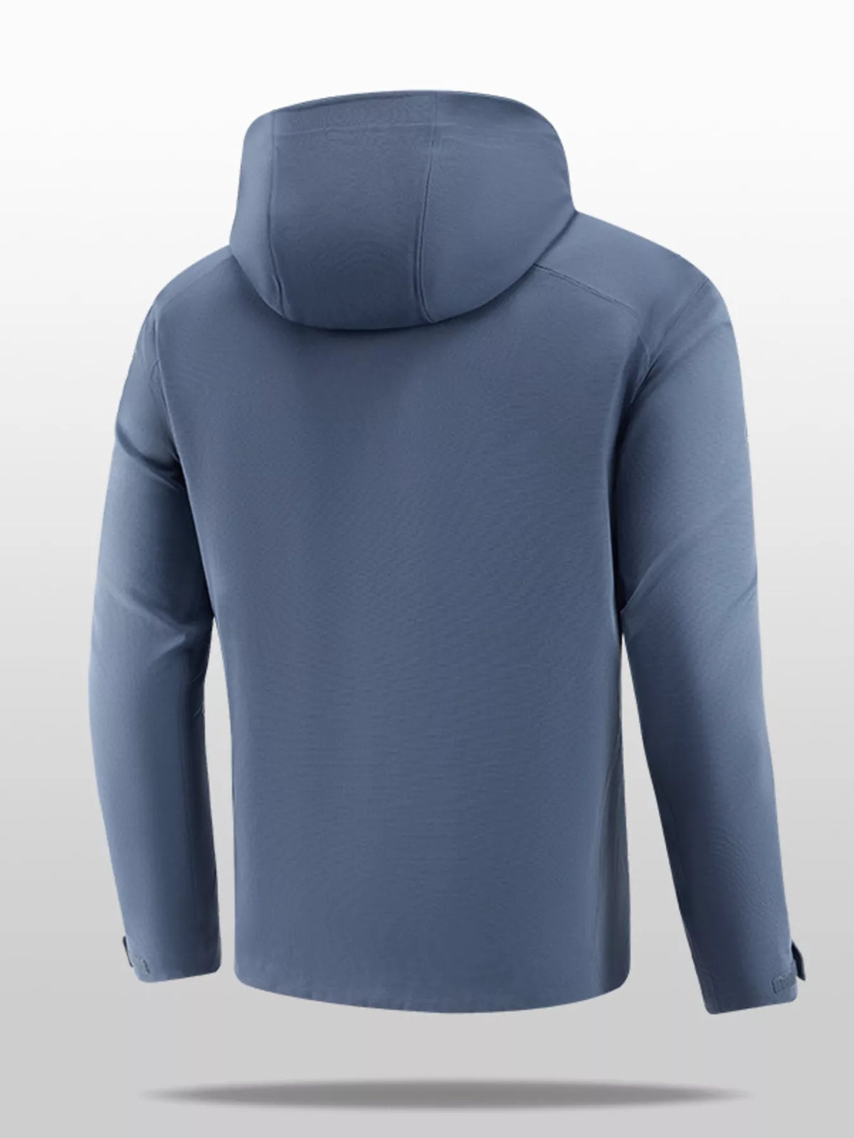 Back view lightweight hooded zip-front jacket in dusty blue with full-length zipper