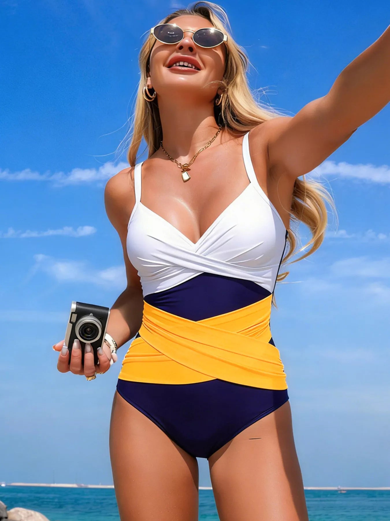 Color Block One-Piece Swimsuit with white top and navy/orange waist panels; ruffled chest, Trendsi