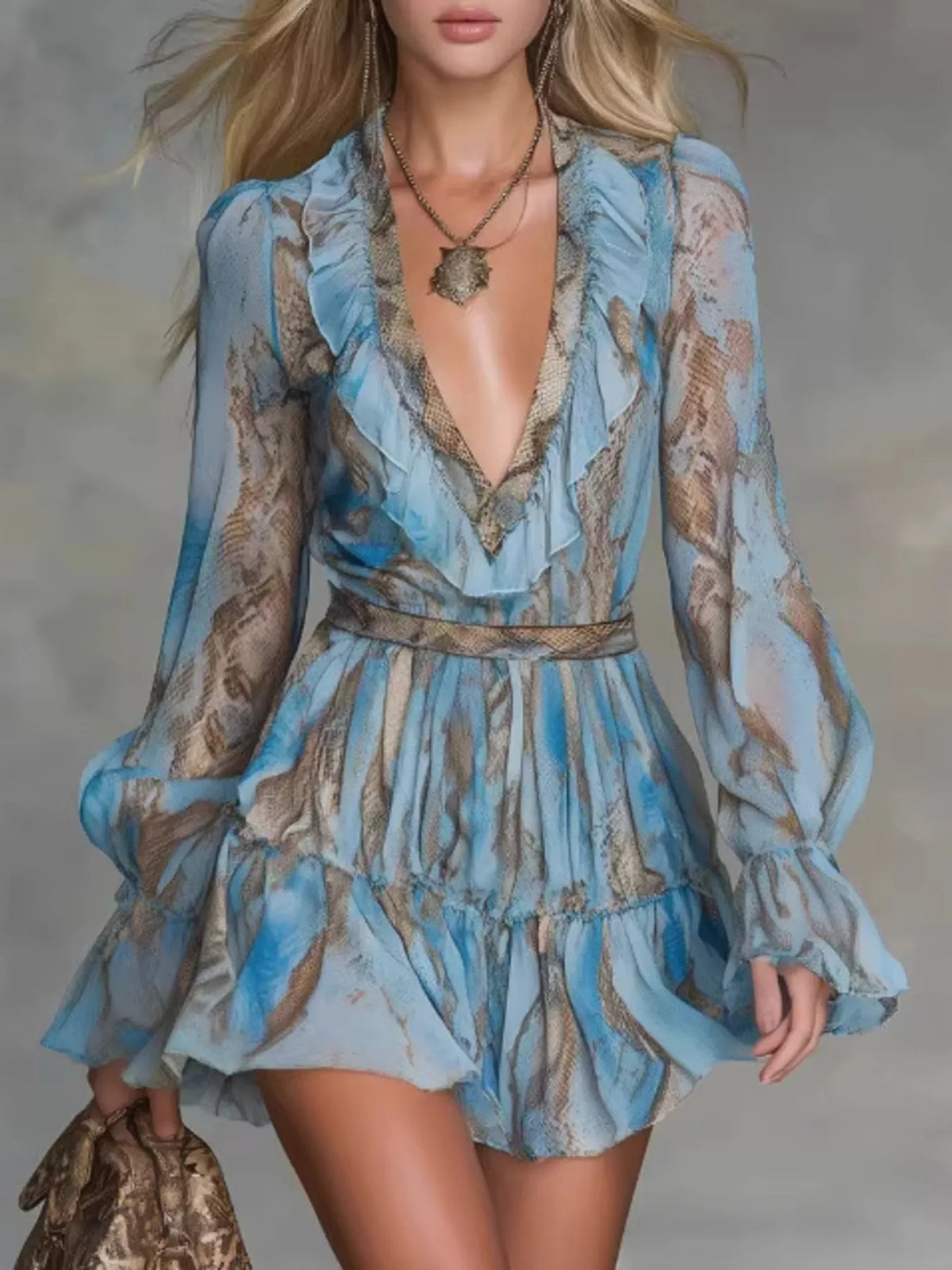 Pastel blue boho V-neck ruffled long-sleeve mini dress with tiered skirt