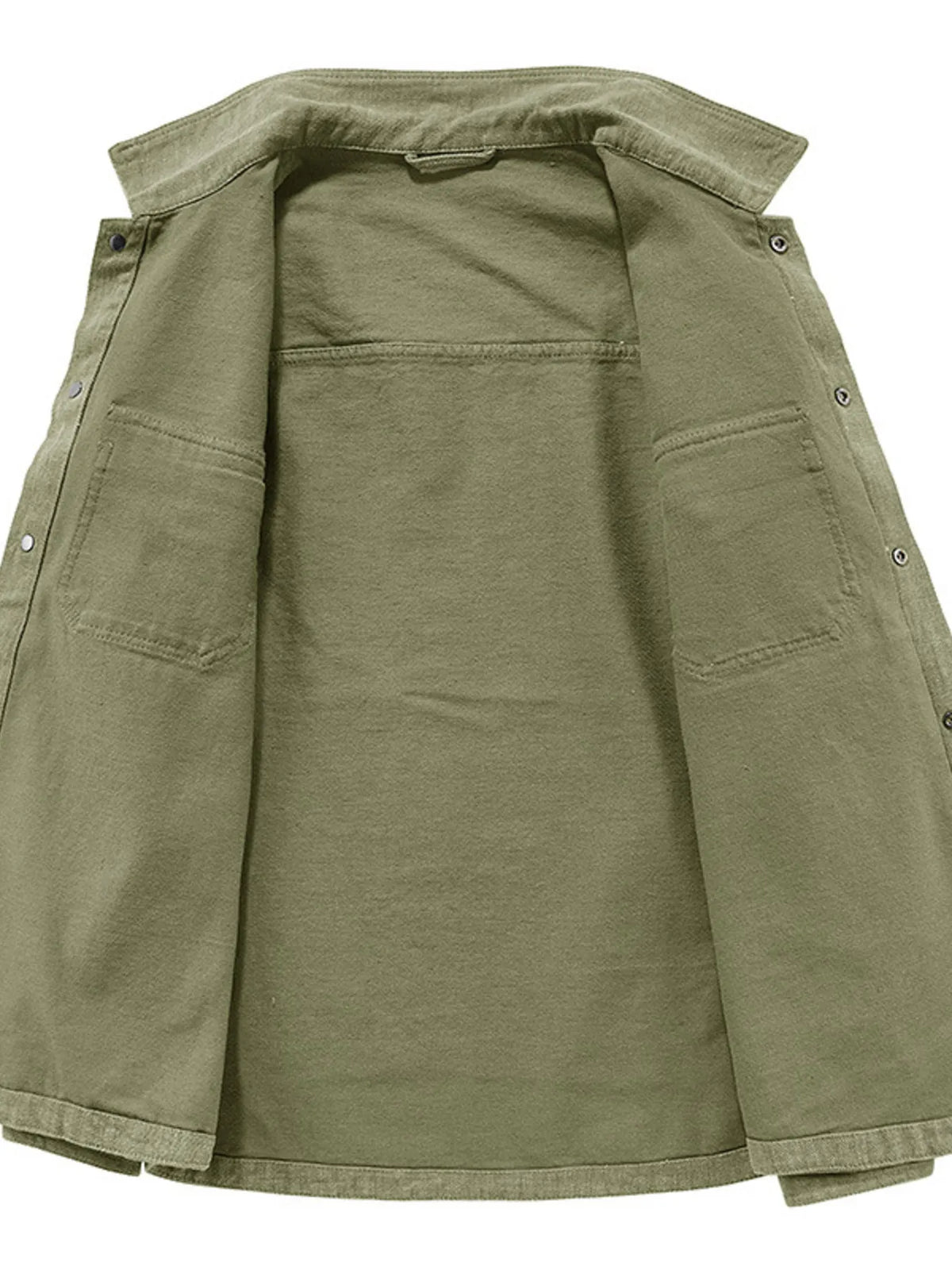 Men's army green cotton shirt jacket, interior back view with two chest pockets