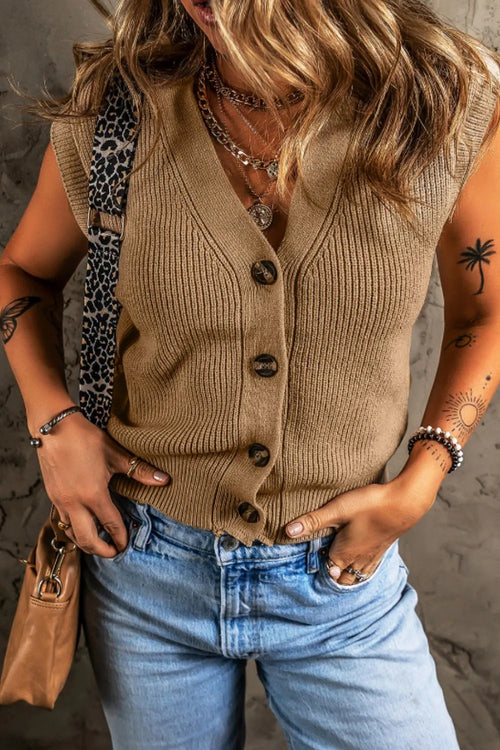 Camel knit V-neck button-front sweater vest, sleeveless with ribbed cuffs and hem
