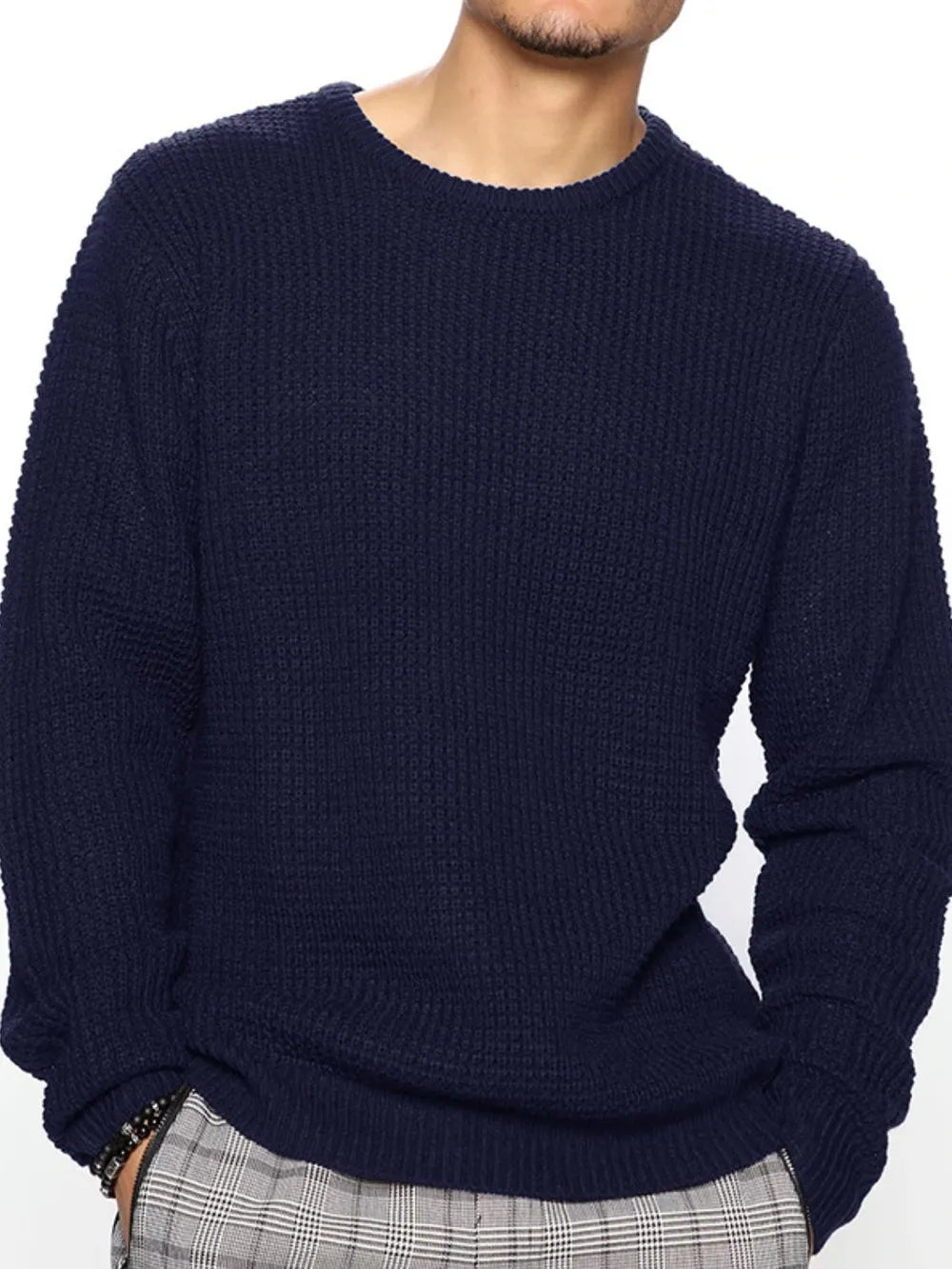 Navy textured knit crewneck long-sleeve sweater with ribbed cuffs and hem
