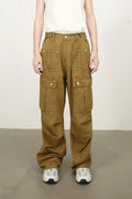 Khaki mid-rise cargo jeans with multiple flap pockets