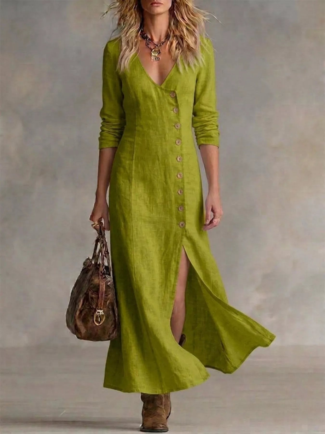 Green maxi dress with button front, V-neck, three-quarter sleeves, side slit