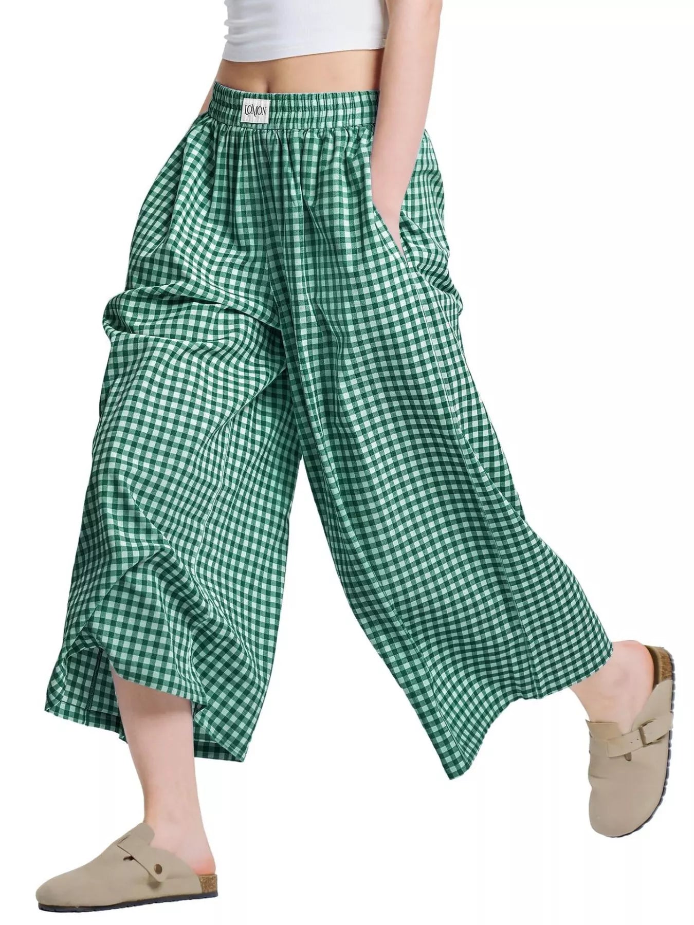 Green gingham cropped wide-leg pants with elastic waist and side pockets