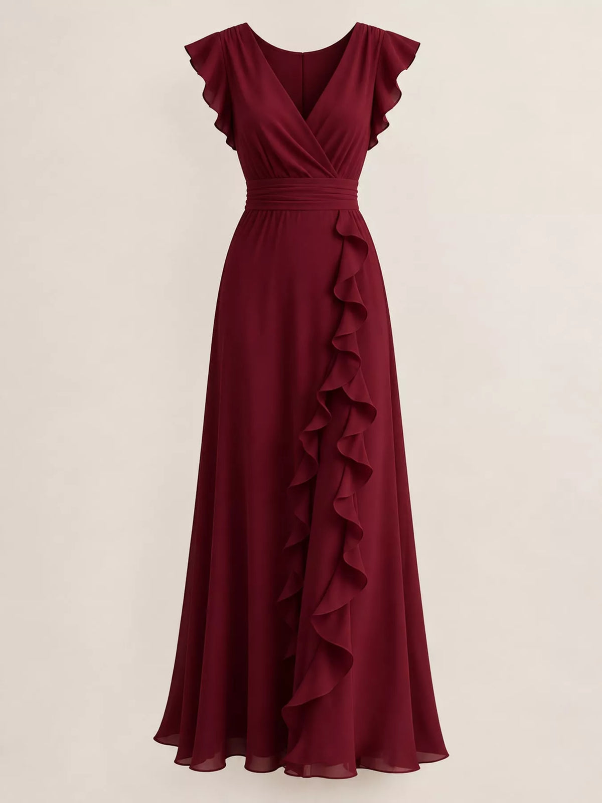 Burgundy V-neck sleeveless maxi dress with ruffled flutter sleeves