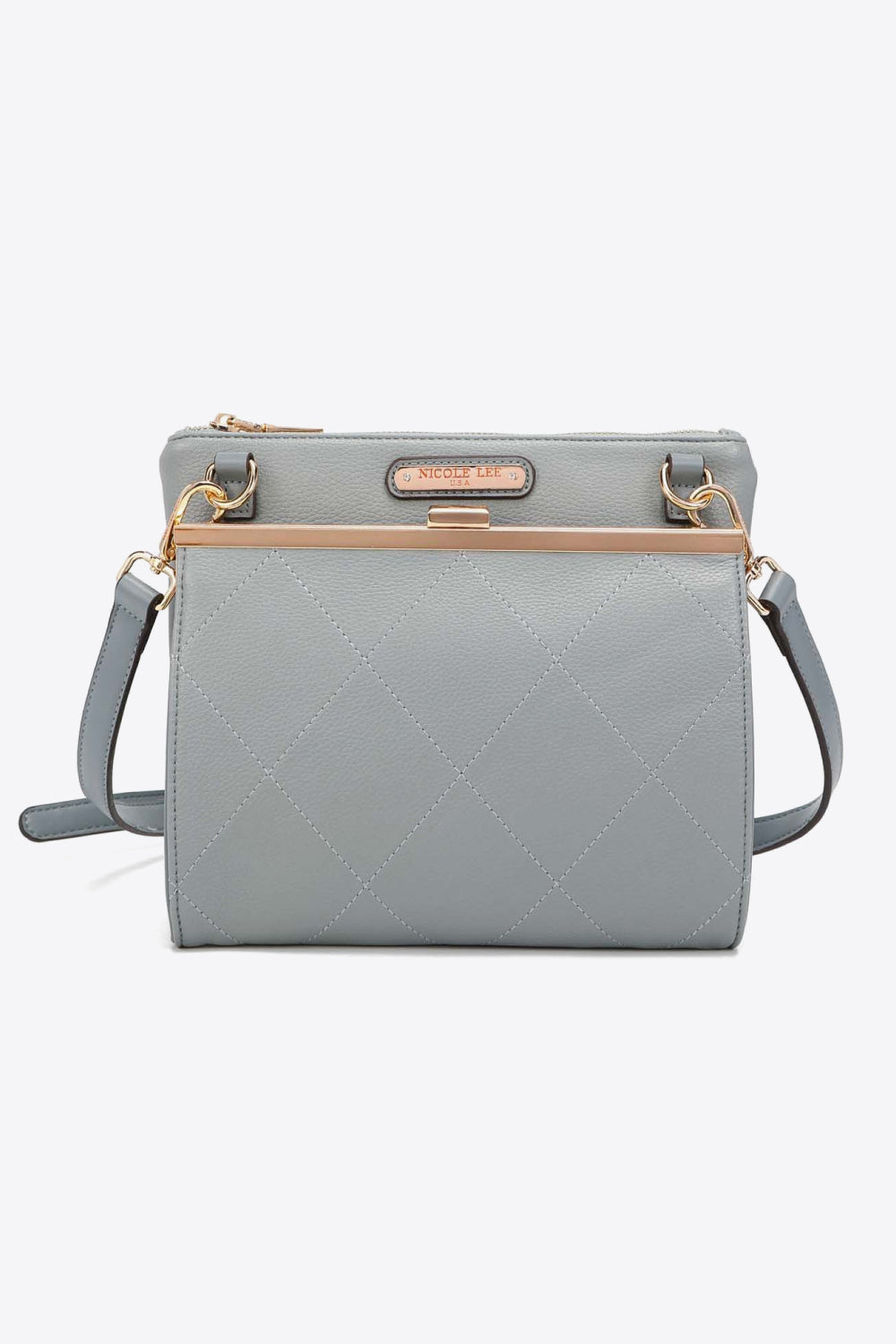 Gray quilted crossbody handbag with top clasp and gold tone hardware