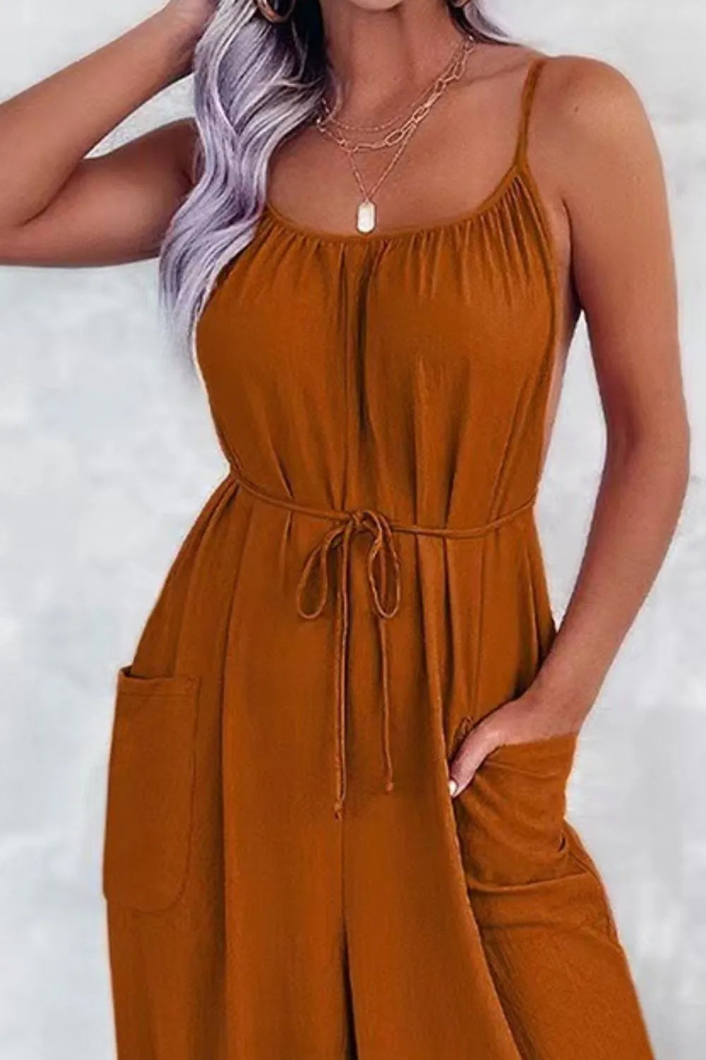 Terracotta spaghetti-strap wide-leg jumpsuit with drawstring waist and side pocket