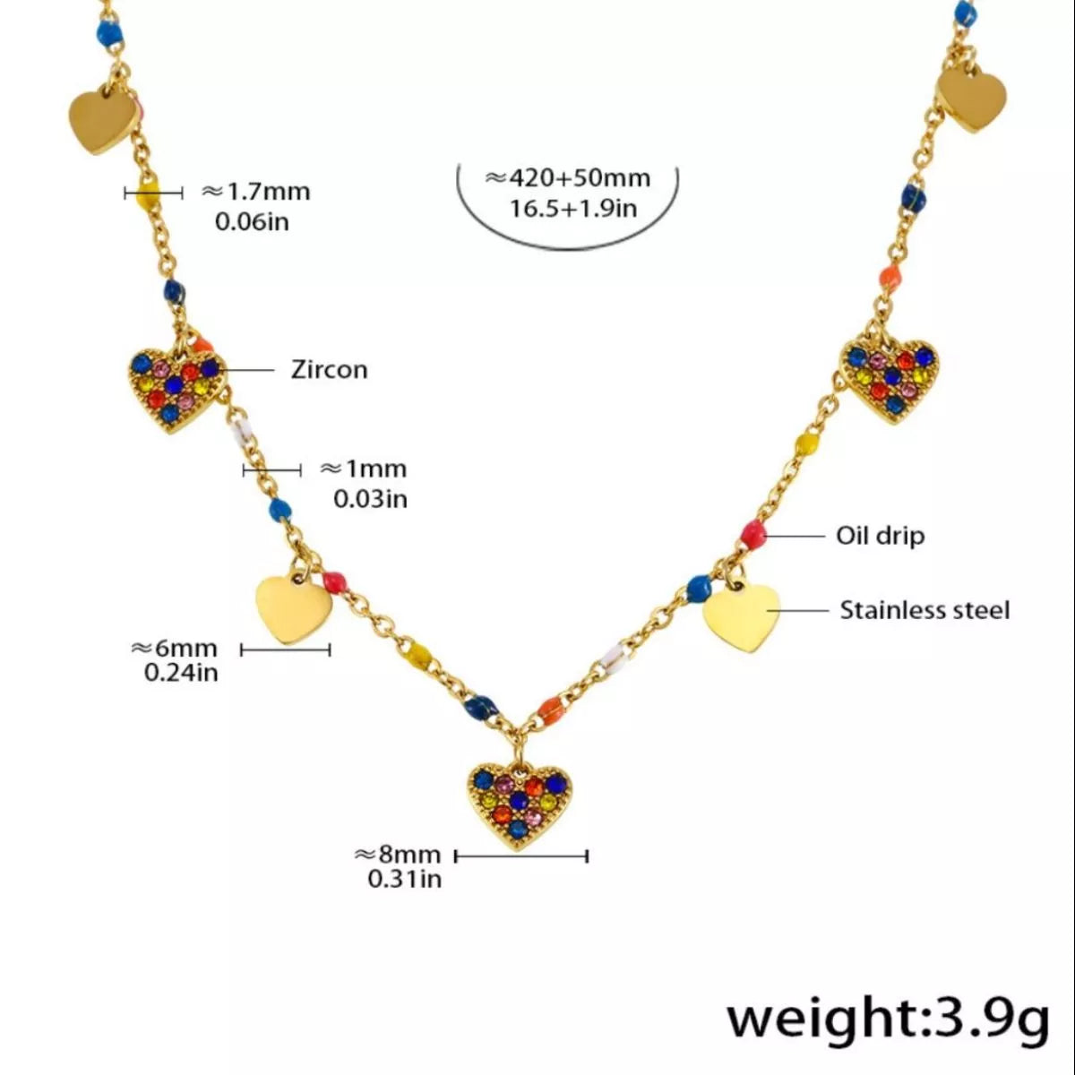 Gold-plated heart charm necklace diagram with zircon heart pendant and size details