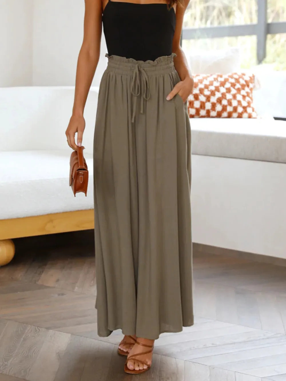 Olive wide-leg pants with elastic drawstring waist and side pockets, full length