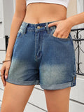 High waist blue gradient denim shorts with rolled hems, button fly, and front pockets