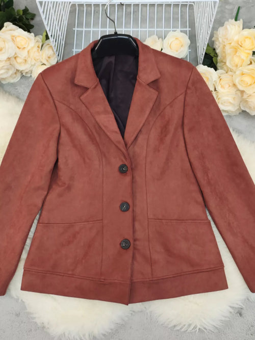 Rust-brown blazer with notch lapel and four-button front closure