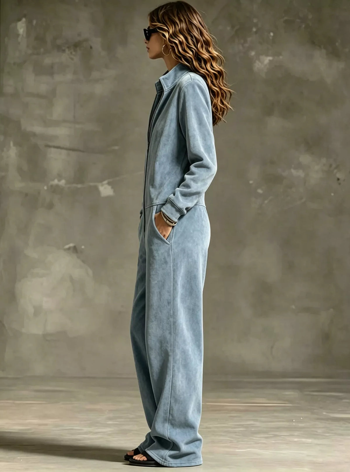 Light blue velour zip-up jumpsuit, side profile with long sleeves