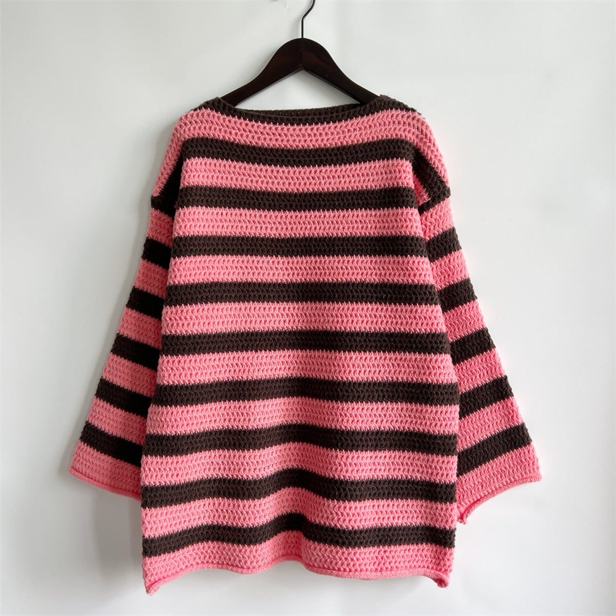 Striped long sleeve sweater, rose and black striped knit, crew neck, relaxed fit
