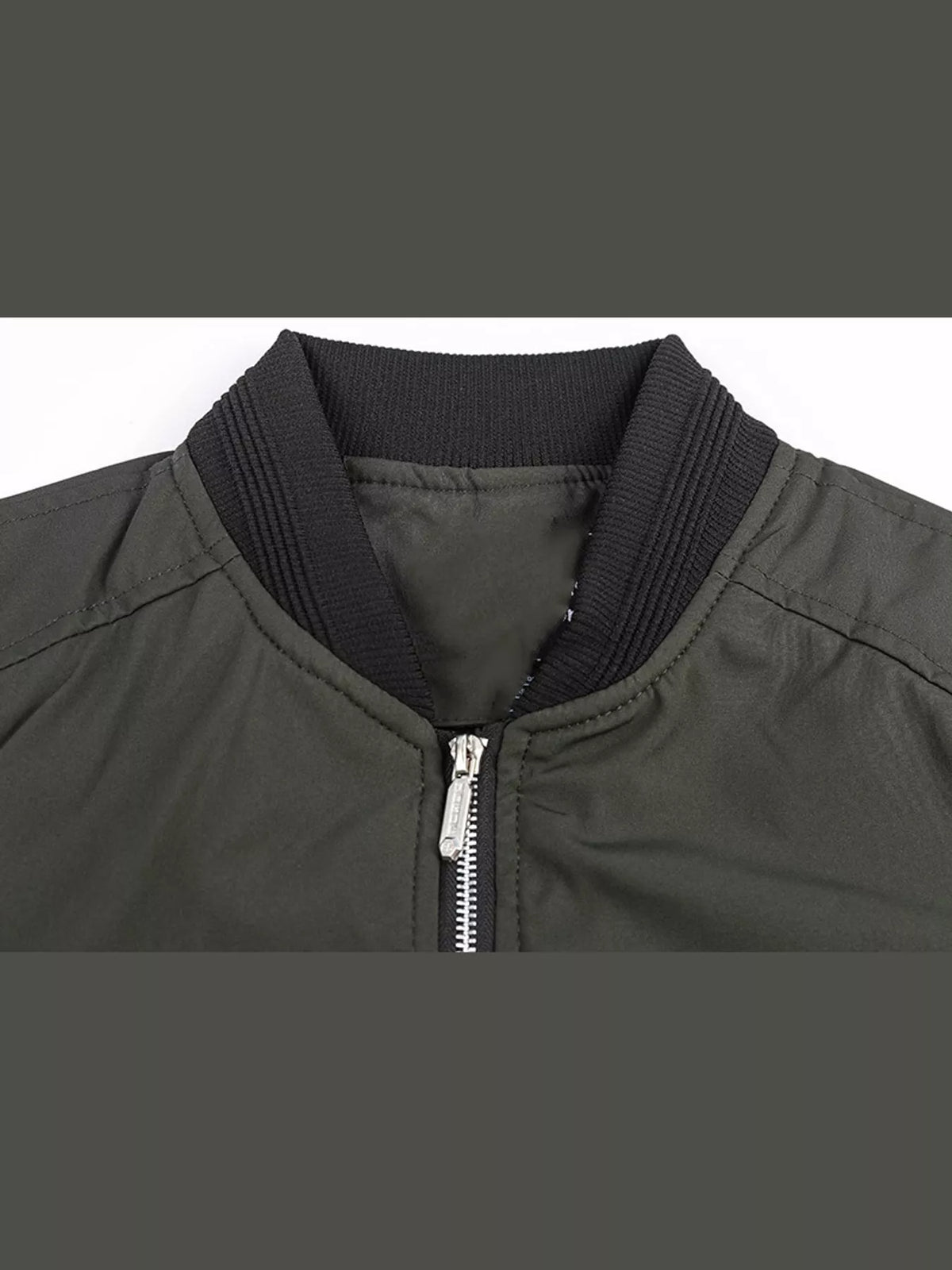 Lightweight bomber jacket zipper and ribbed collar detail
