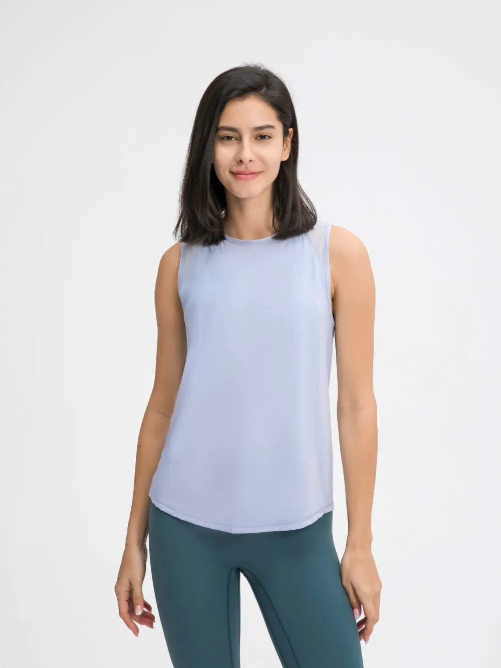 Light blue active tank top with round neck and curved hem