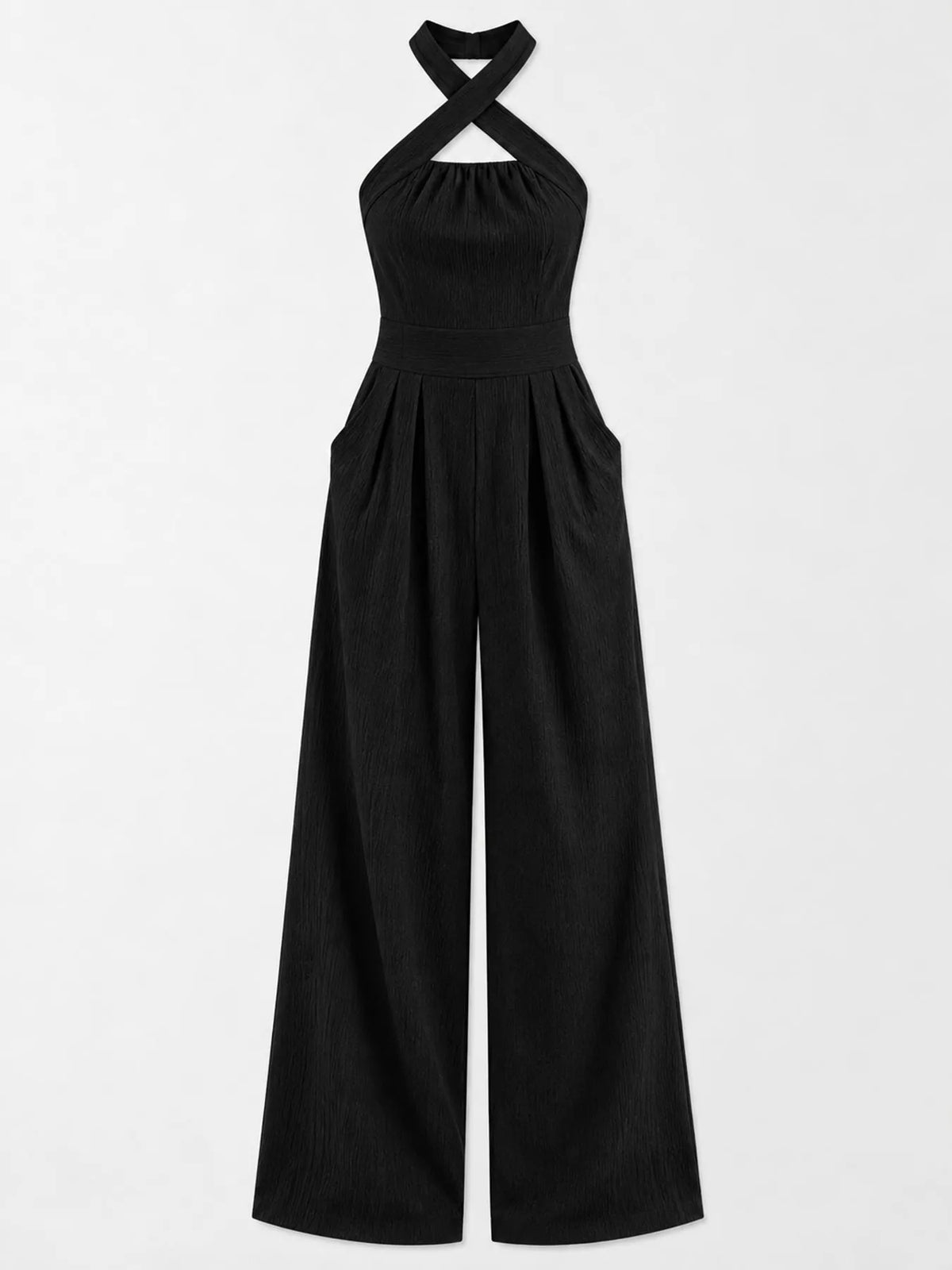 Black linen halter wide-leg jumpsuit on hanger, gathered waist and wide pant legs