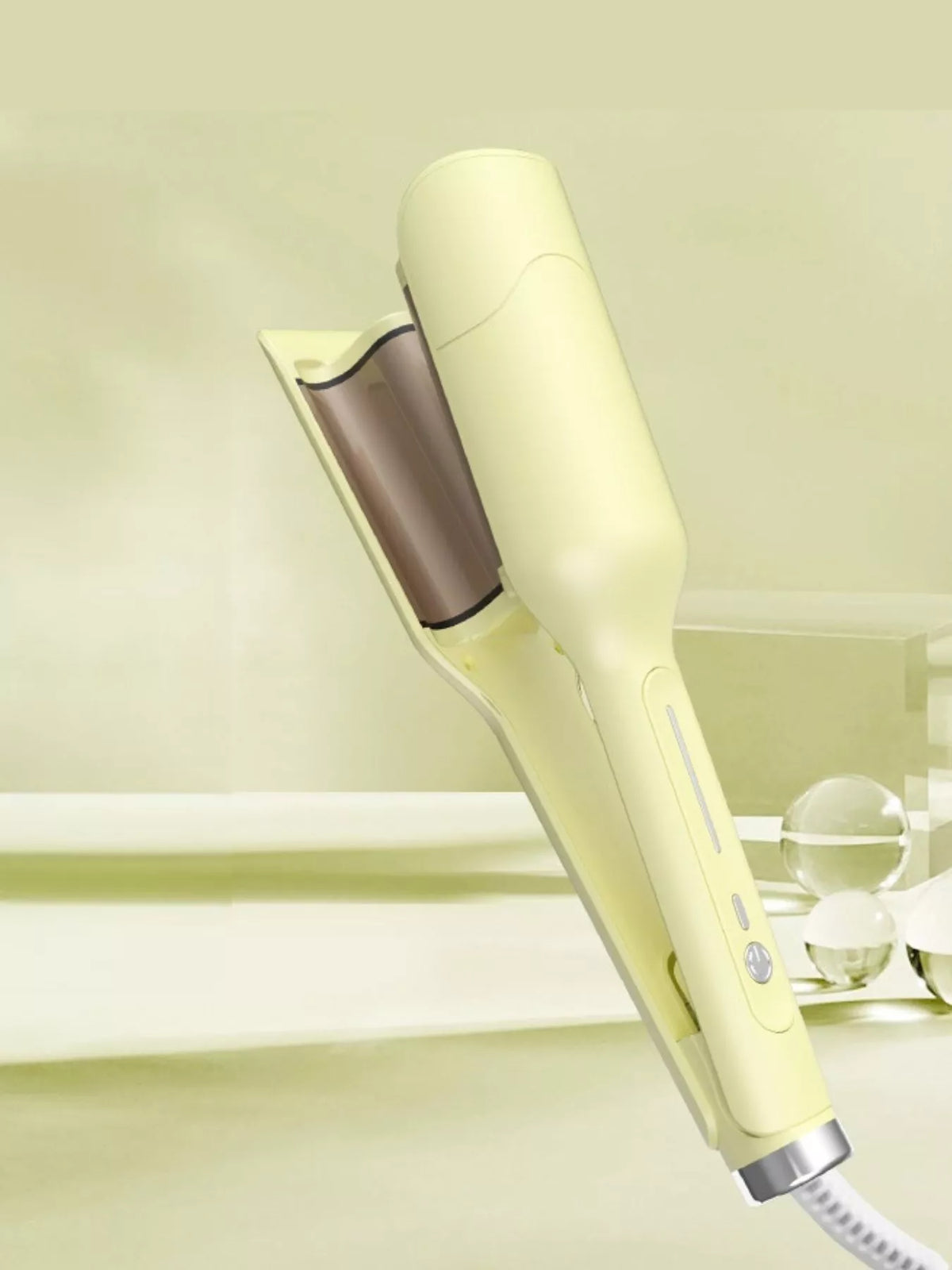 Light yellow cordless rechargeable hair straightener with ceramic plates and power cord