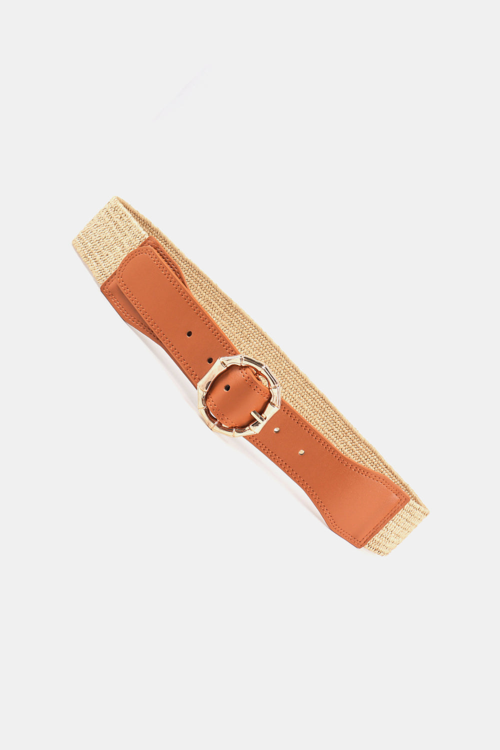 Caramel braided belt with round alloy buckle, angled view with tail