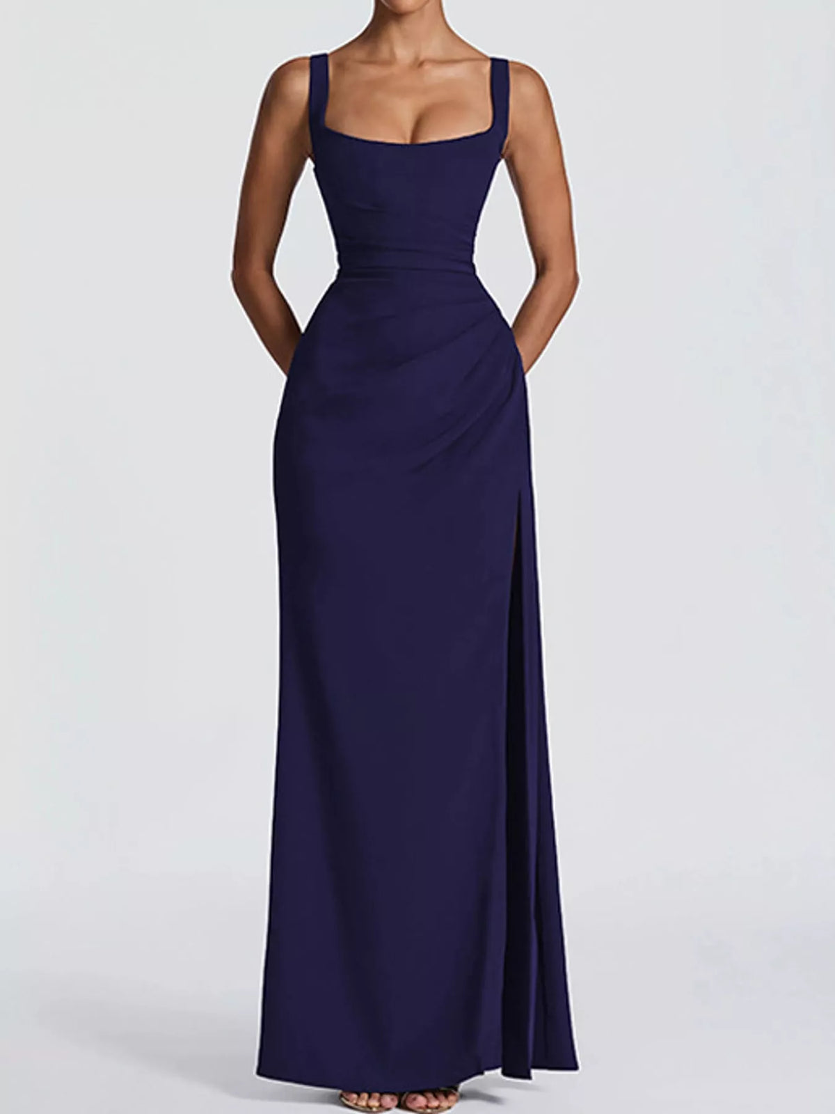 Backless ruched evening maxi dress with square straps and side slit, navy