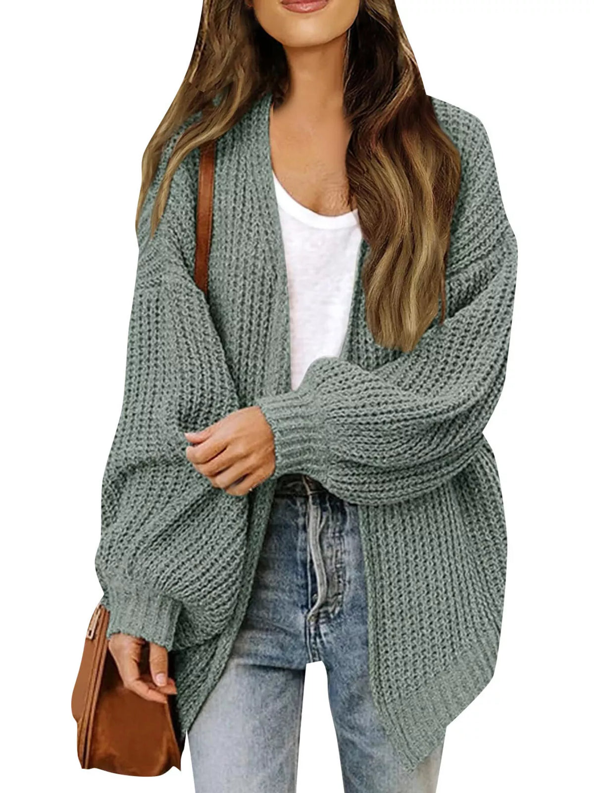 Gray waffle-knit open-front chunky cardigan with long sleeves and draped collar