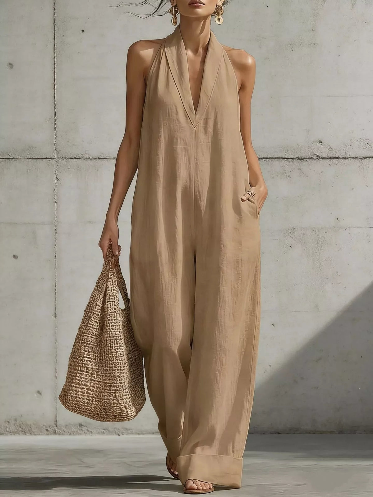 Camel halter-neck wide-leg jumpsuit with deep V neckline, sleeveless halter and relaxed wide-leg fit.