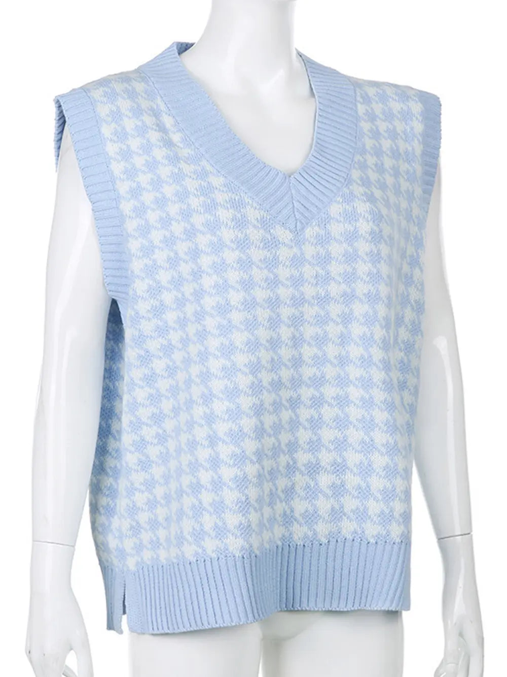 Light-blue houndstooth V-neck sweater vest with V-neck ribbed trim