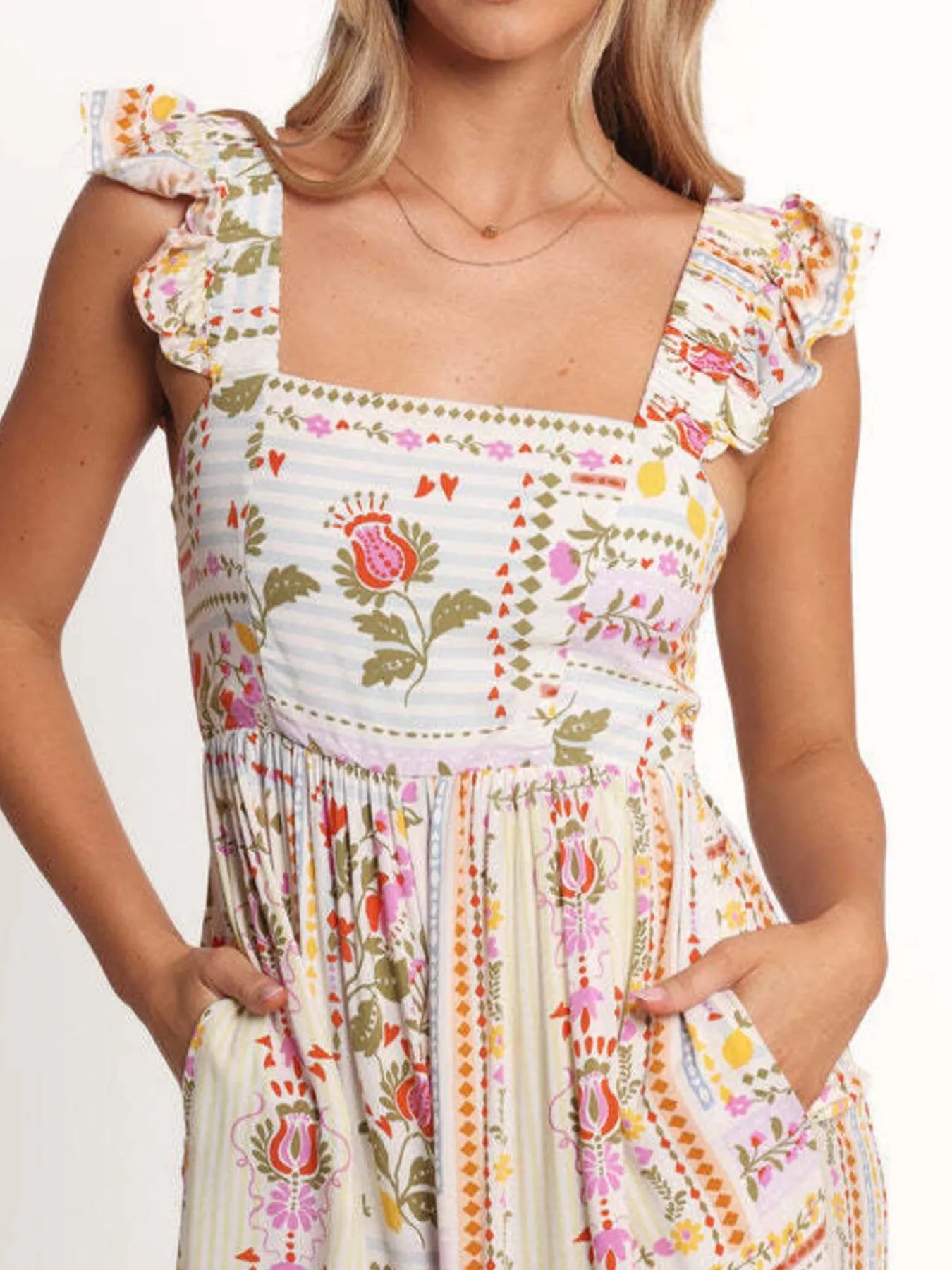Floral print jumpsuit bodice with ruffle straps and square neckline