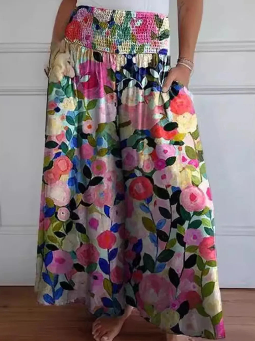 Multicolor floral wide-leg pants with smocked elastic waistband and gathered skirt