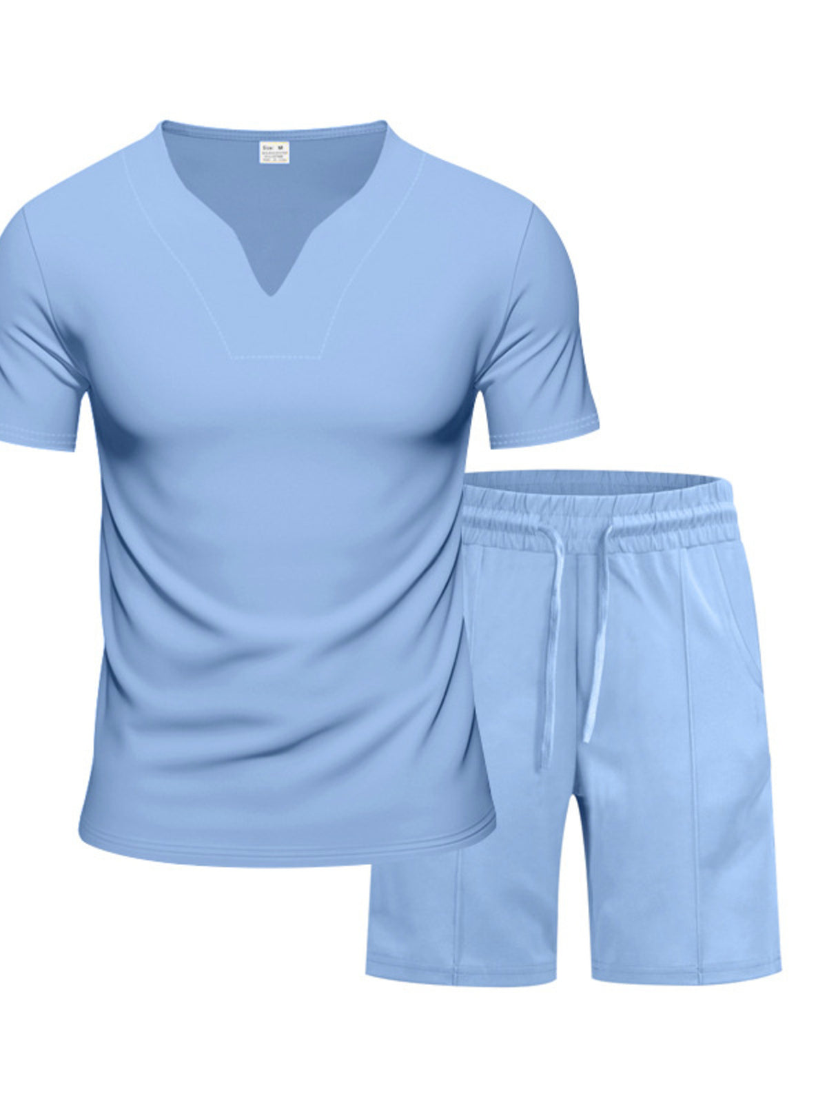 Men's light-blue V-neck stretch tee and drawstring shorts set, flat lay