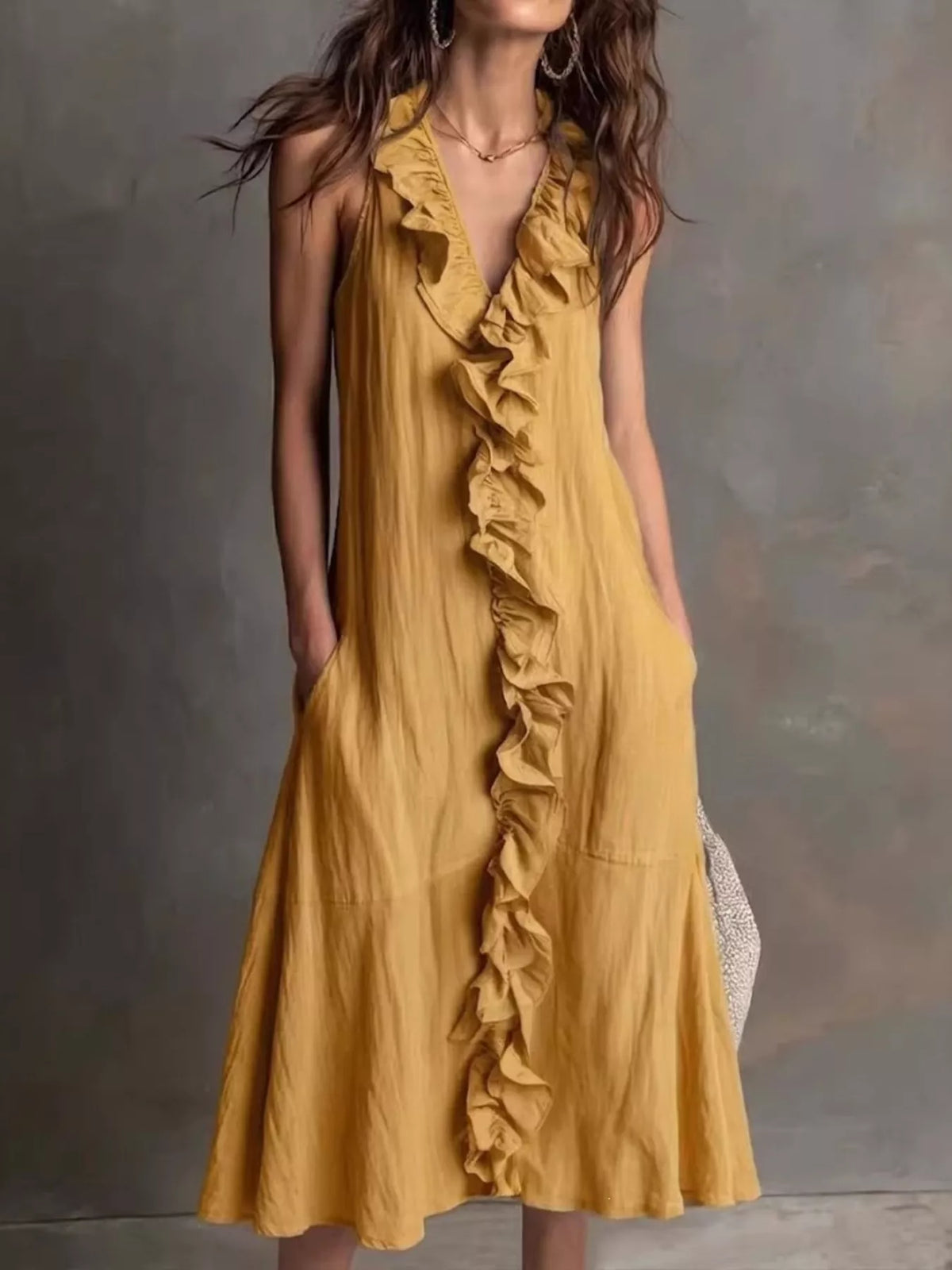 Women's sleeveless ruffle V-neck midi dress in yellow, gathered front detail