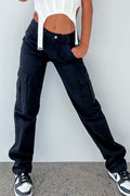 Black straight-leg cargo pants with flap cargo pockets and button waist