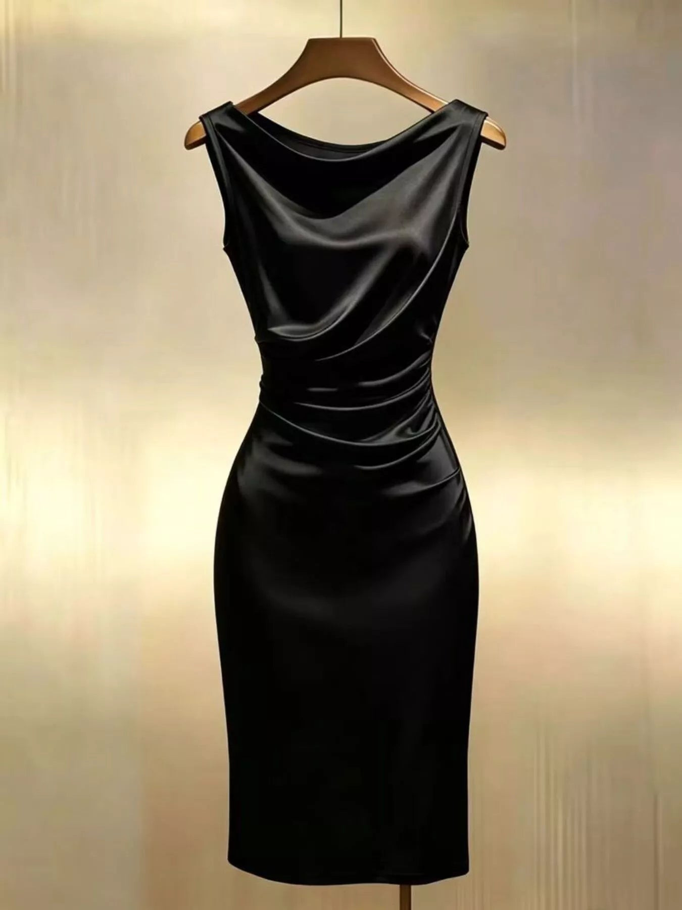 Black satin cowl neck ruched sleeveless midi dress with drape detail