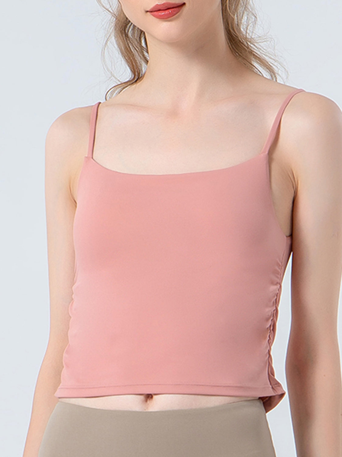 Ruched sports cami in dusty pink with scoop neck and spaghetti straps