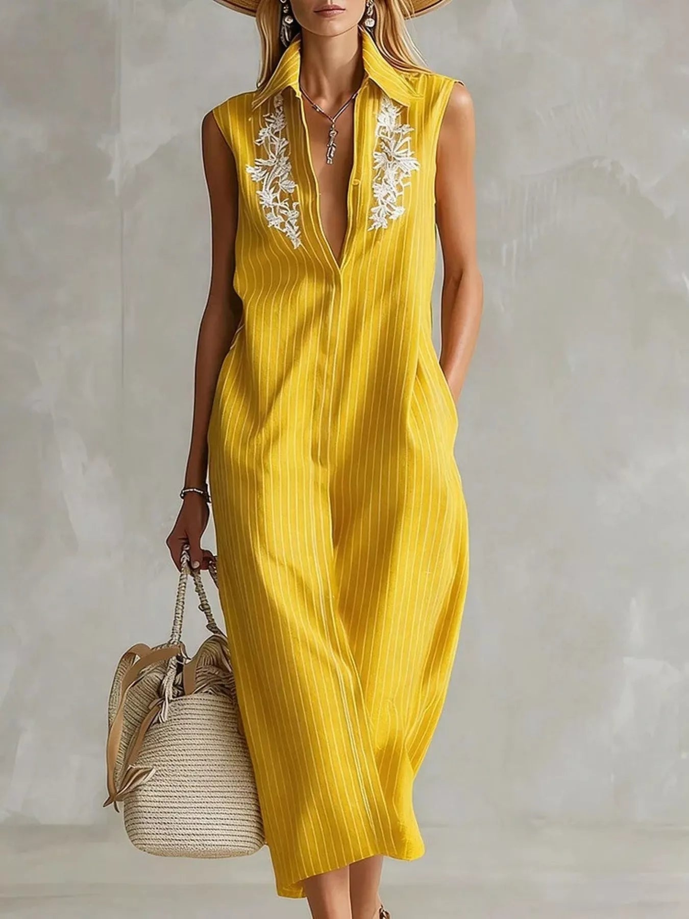 Yellow striped sleeveless shirt dress with collared V neckline and white lace trim