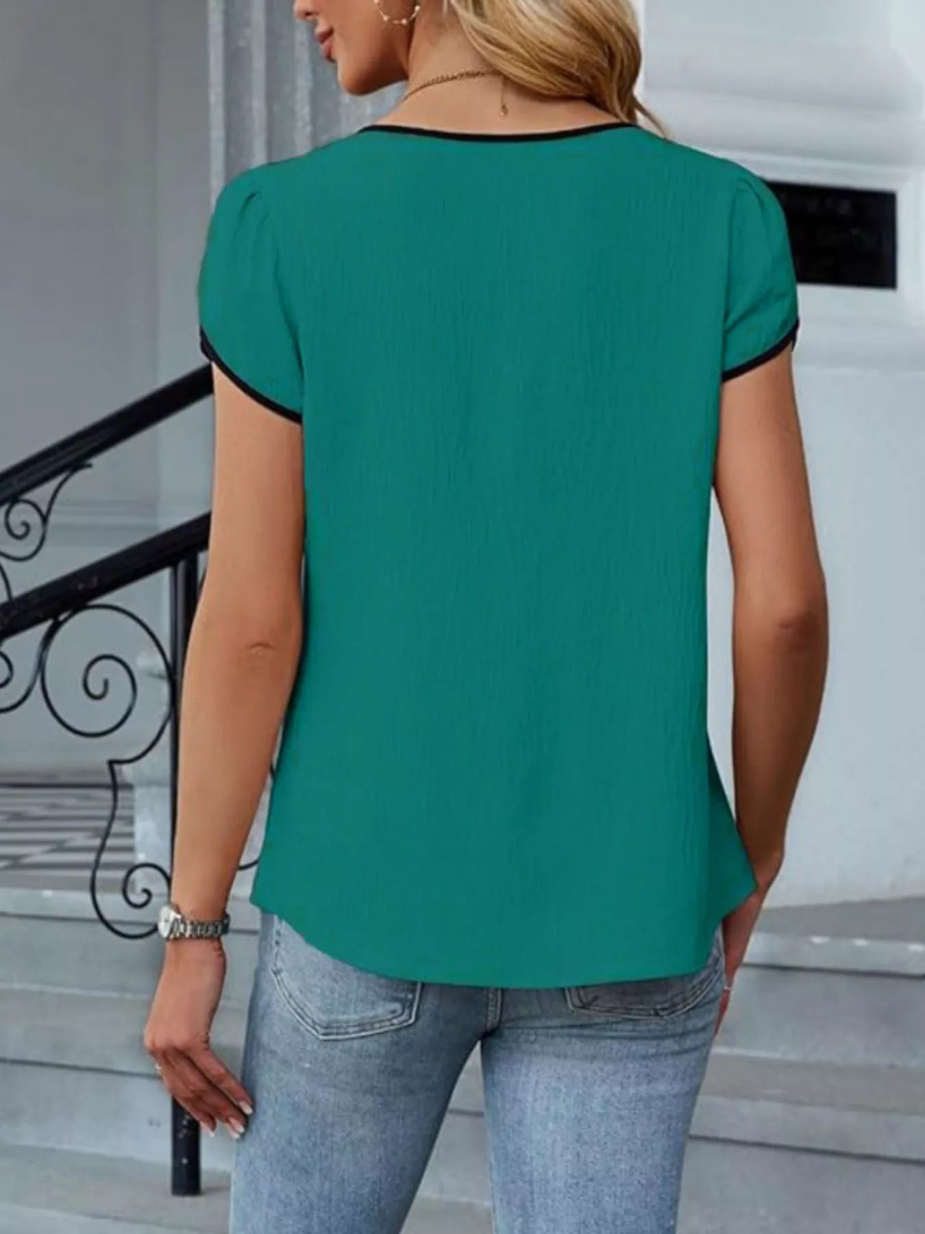 Notched Petal Sleeve Blouse in teal by Trendsi, back view.