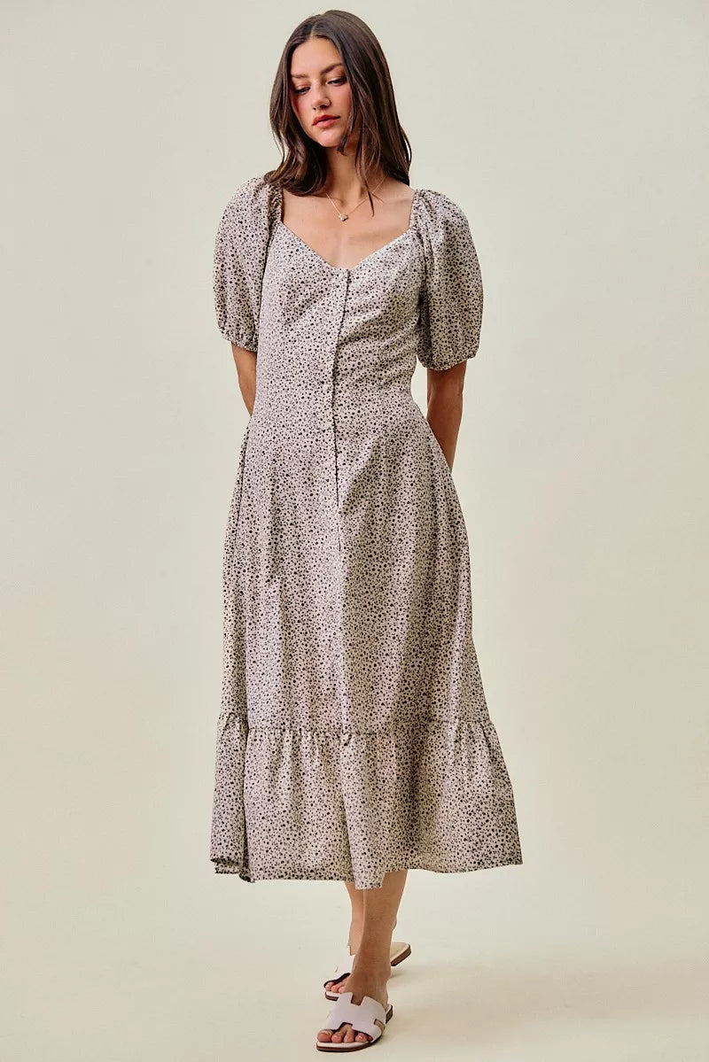 Off white/black ditsy floral midi dress with square neckline, puff sleeves, and elastic waist