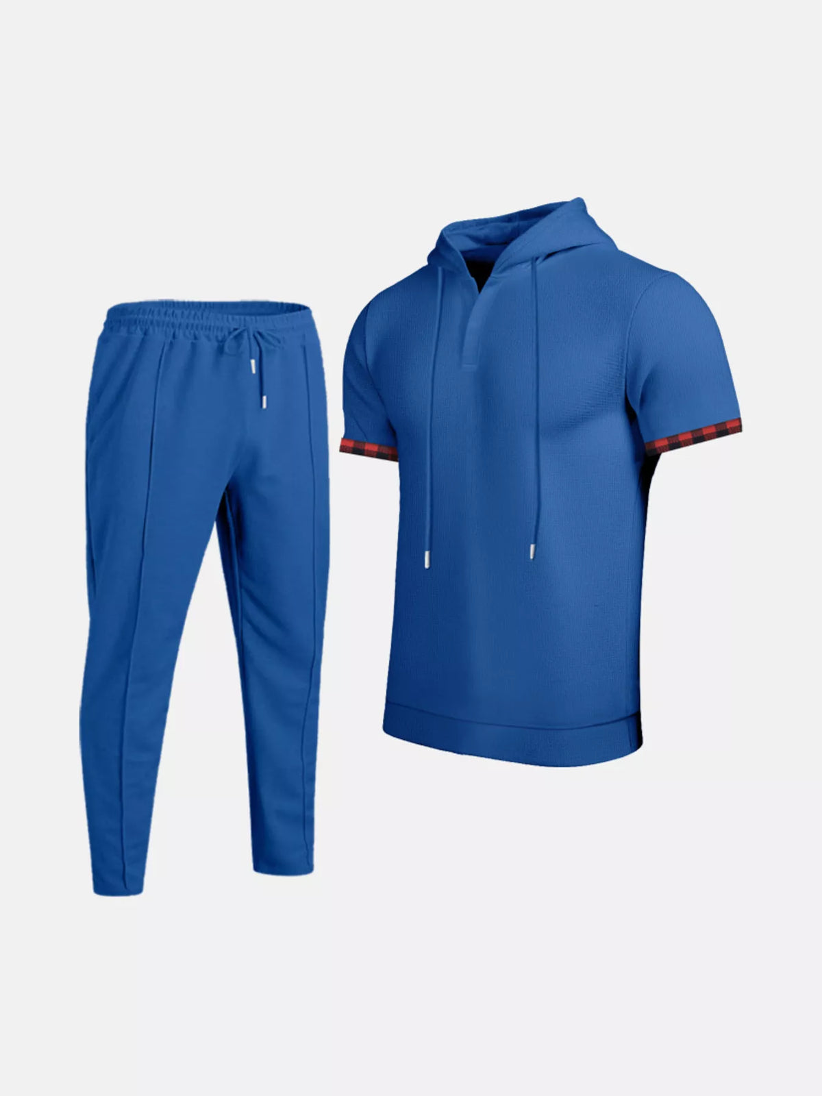 Blue short-sleeve hoodie and jogger pants set with striped sleeve cuff detail