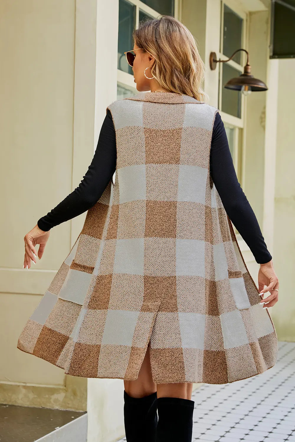 Plaid open-front cardigan with pockets, back view, beige, gray, and black checker blocks