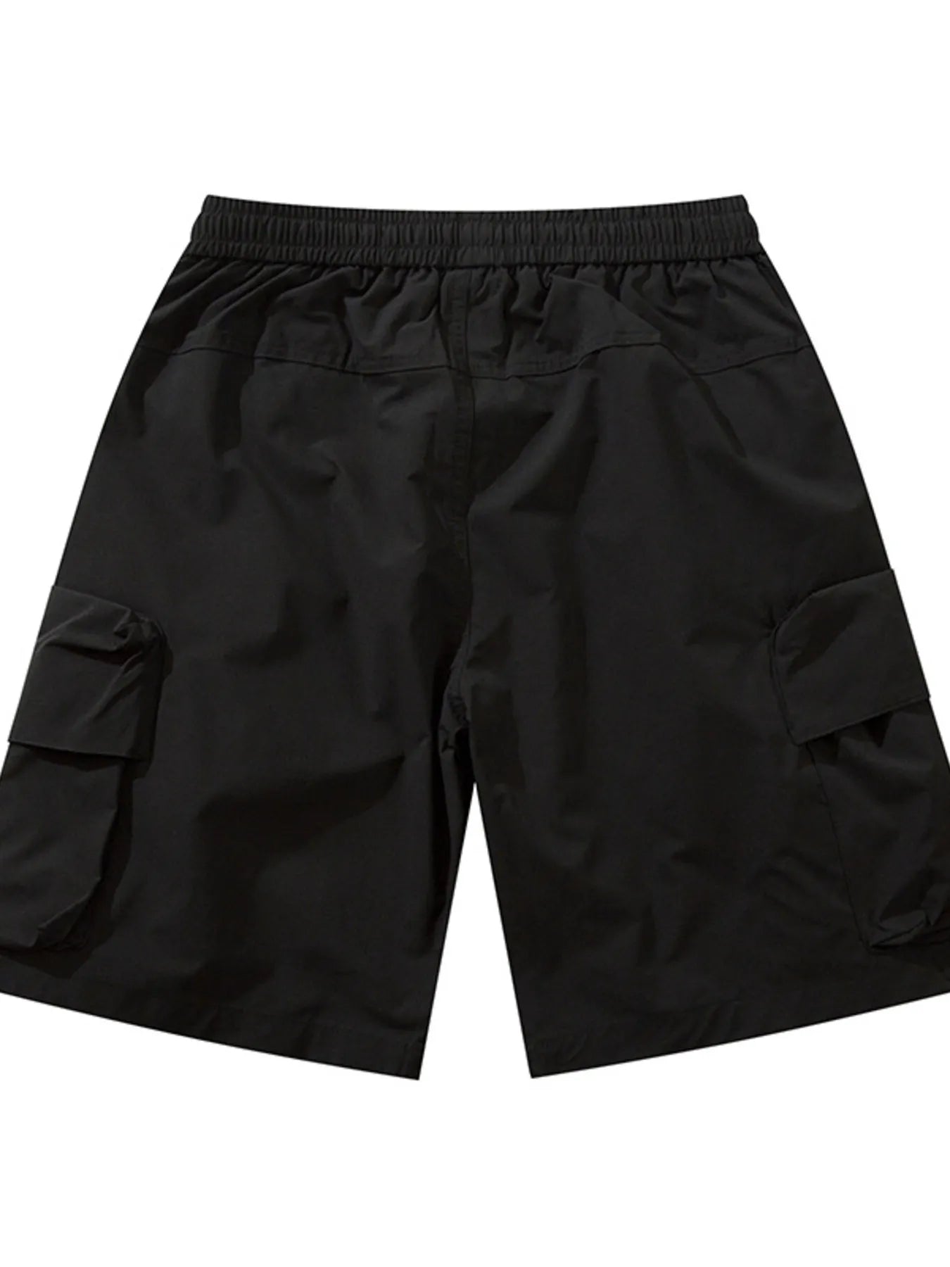 Black cargo shorts with elastic waistband and multi-pocket cargo design